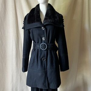 M60 Miss Sixty Wool Blend Coat Black Faux Fur Collar Belted Jacket Small
